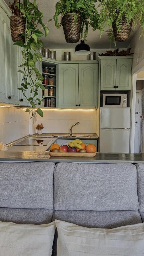 Cocina equipada con armarios verdes y plantas